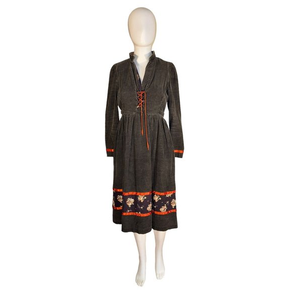 Vintage Hippie Dress by Trivia Corduroy Dress Midi Deep V 1970s - Picture 1 of 6